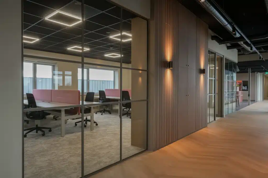 Retro-look glaswand met roedeverdeling voor een kantoorruimte bij Level-Up Office Spaces in Veghel